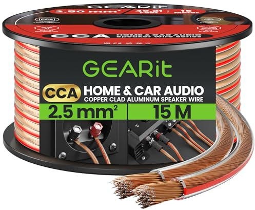 GEARit 2x2.5mm² Speaker Cable 15M, 14AWG Twin Core Speaker Wire with Polarity Markings, Flexible CCA Copper Clad Aluminum Audio Cable for In-Wall Home Home Cinema, HiFi & Car Stereo - Clear