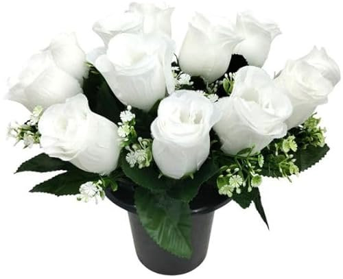Mr. Barry's Grave Flower Pot with Foam Insert (White) | Artificial rose grave flower pot with foam insert for cemetery, memorial and graveside displays