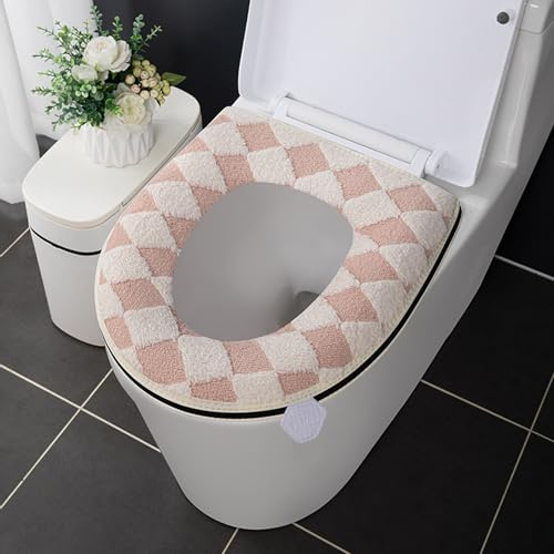 Toilet Seat Warmer Covers, Checked Toilet Seat Cushion Pads with Zipper Washable Toilet Seats Cushion Cover with Handle Non-Slip Toilet Seats Covers Pads 38 * 42cm (Pink)