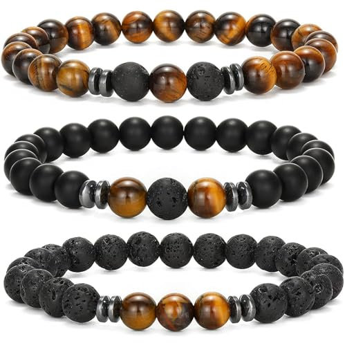 TREABEAR herren armband, 3Pcs armband personalisiert, chakra armband, obsidian armband, perlen armband herren, lavastein armband, perlenarmband herren, armband herren schwarz, herrenarmband, tigerauge