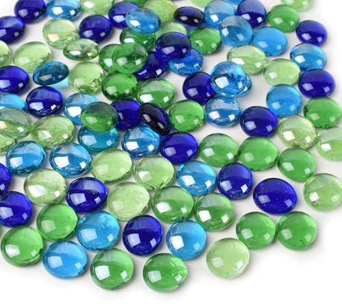 VYNYJOAN Flat Glass Marble, 1 Pound Green Blue Mixed Color Glass Beads for Vase Filler Aquarium Pebbles