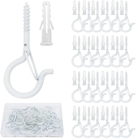 Datttcc 25 PCS Q Hanger Hooks with Safety Buckle, Windproof Screw Hooks for Hanging Outdoor String Lights, Christmas Lights,Cups, Decors,2.3 Inches, White