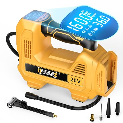 DIYtoolifz 160PSI Cordless Tire Inflator Compatible with Dewalt 20V Air Compressor, Portable Air Pump Automatic Shut Off, LED Light, Digital Pressure Gauge for Cars Motorcycles Bike Ball (Bare Tool)