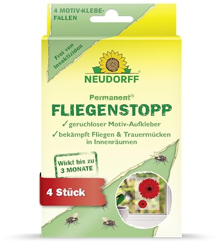 Neudorff Permanent FliegenStopp – Bekämpft zuverlässig Fliegen, Trauermücken und Co. mit geruchlosem Motiv-Aufkleber und Langzeitwirkung, 4 Stück, Rot
