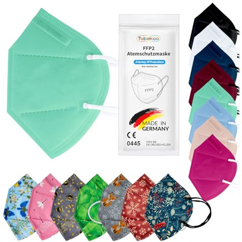 TubeRoo FFP2 Maske Bunt Farbig 10 Stück Set Masken Motiv Muster in Dunkelblau Blau Bordeaux Hellblau Pink Rot Grün Grau Weiß Schwarz, aus Deutschland, Made in Germany, Atemschutzmaske, Mundschutz
