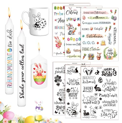 6 Pezzi tatuaggi di candele pasquali, adesivi di candele a forma di coniglietto pasquale, candele con scivolo d'acqua tatuaggi, adesivi di candele pasquali,Adatto candele e tazze di ceramica