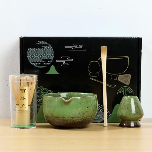 4Pcs Matcha Whisk Set, Matcha Whisk and Bowl Set, Complete Japanese Tea Starter Making Kit with Spoon, Holder, Mixer and Bowl with Pouring Spout for Tea Lovers (Color Green)