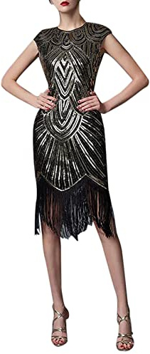 Gatsby anni '20, vestito da donna anni '20, abito da donna con frange, blu e rosso, abito da ballo, abito corto Charleston, vestito con paillettes, a maniche corte, con frange, carnevale, uno, S