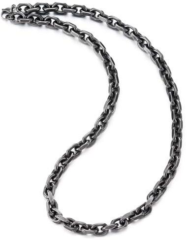 COOLSTEELANDBEYOND Hombre Negro Acero Inoxidable Sólida Cuerda Cadena Collar Grueso Resistente Enlace Cadena Barbada Capas
