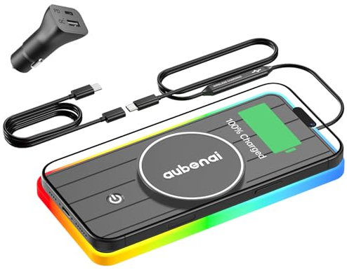 Aubenai für MagSafe Auto Ladegerät Pad, 15W RGB Magnetische Wireless Car Charger Matte, Auto Magnetische Induktive Ladestation mit 70cm USB-C Verlängerungskabel Kompatibel mit iPhone 16 15 14 13 12