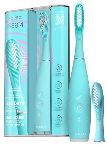 FOREO ISSA 4 cepillo de dientes eléctrico sónico recargable 4 en 1 con USB, cabezal extra, silicona suave, blanqueador dental, impermeable, ideal para viaje, limpieza profunda - Artic Blue