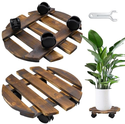AMJKEJI Plant Caddy with Wheels 30cm Wooden Plant Pot Trolley on Wheels Heavy Duty Round Plant Stand with Metal Lockable Casters Plant Pot Stand for Indoor Outdoor Garden Flower Pot