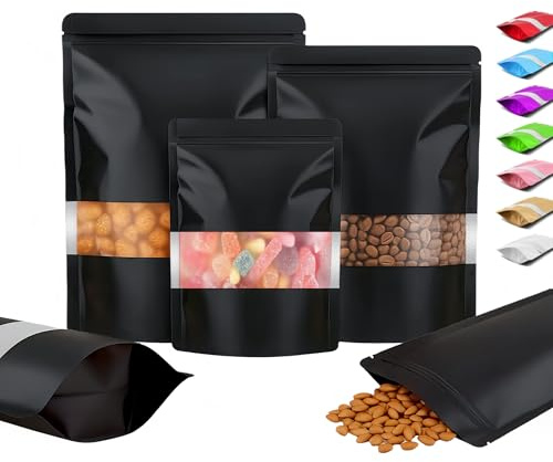 Plaphy 100-pack Återförslutbara Stående Aluminiumfolie Zippåsar med Fönster, Matta Färgade Stand up Ziplock Mylarpåsar, Lufttäta Doypack för Förpackning och Förvaring Livsmedel (Svart, 14 x 20 cm)