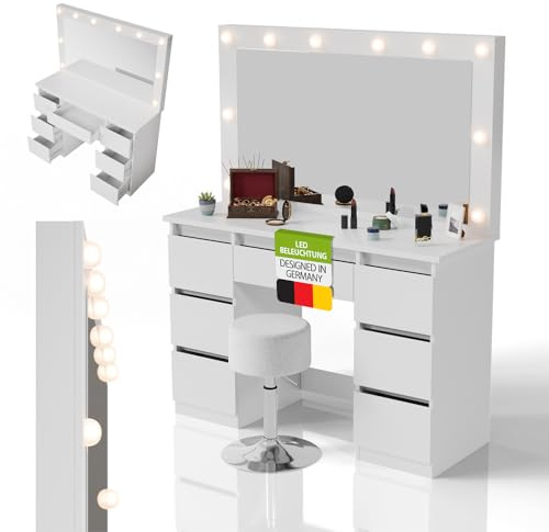 Juskys Schminktisch Lilia mit LED-Spiegel & Hocker Tonia, individuelle Lichteinstellung, 7 Schubladen, viel Stauraum, modernes Design, kompakt & pflegeleicht — Weiß