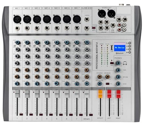 Mesa Mezclas DJ, Placa de sonido de 8 canales, amplificador mezclador, consola mezcladora, interfaz USB Bluetooth, preamplificador de micrófono