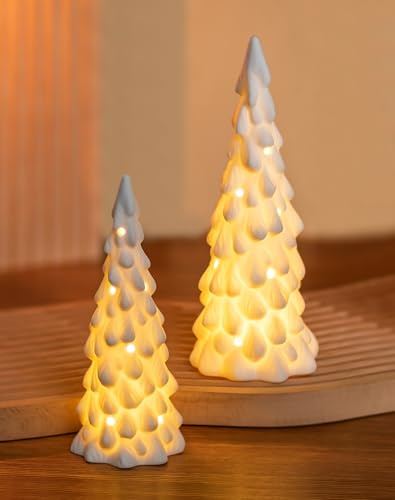 Romadedi Ceramic Christmas Tree White with Lights: 2er Set LED Candle Holder for Christmas Table Decoration Centrepieces Xmas Ornaments for Home Decor Gifts