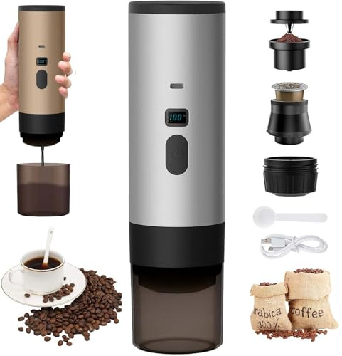 PZCC 3 en 1 Máquina de Café Portátil, 72W Cafetera Portátil, 12V Cafetera de Espresso Recargable, USB Cafeteras de Espresso con Cápsulas, Depósito de Agua 90ml, Para Oficina Camping Coche Viaje (Gris)
