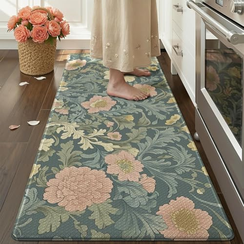 COLOR&GEOMETRY 10mm dick Vintage Küchenläufer rutschfest, 60x150cm, Grün | Boho Küchenmatte aus Leder, Wasserfeste & ölbeständige Stehmatte, Küchenteppich Anti-Ermüdungs für Küche