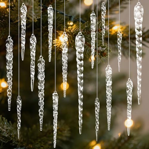 DOINEUFL 24 PCS Christmas Tree Decorations Set for The Home,Acrylic Crystal Icicles Decs,Xmas Hanging Ornaments for Tree,Luxury Clear Winter Decoration Indoor with Glass Icicle Droplet Crystal Baubles