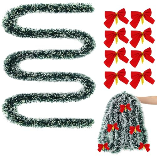 SUBTLETY Lange Weihnachtsgirlande PVC Türkranz mit Rot Fliege, Künstliche Feiertagsgirlanden Weihnachten Girlanden Kunststoff Tannengirlande für Innen- & Außen Dekoration (Grün mit Schnee-Effekt, 15m)