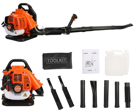 52CC Benzin Laubbläser rückentragbar, 1,7 PS 6800 U/min 550 CFM, 2 Takt Motor, komfortablem Tragegurt und 1,2 L Kraftstofftank, Laubbläser Benzin für große Flächen (Orange 1-52cc)