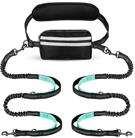 Dual Two Dog Leash ，Compatible for Running & Fitness Multifunctional Reflective Hands-Free Pet Lead Adjustable Durable Design(Black-Pink)