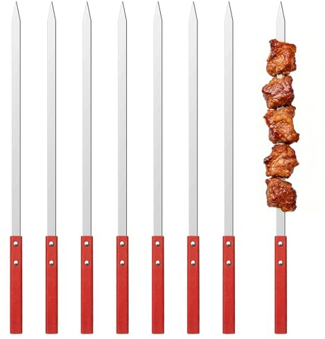 8 Stück Grillspieße Edelstahl, 42 cm Flache Schaschlikspieße Edelstahl Adana Kebab Spieße mit Holzgriff, Metallspieße für Fleischspieße Lange Kebab Grill Spieße Wiederverwendbare Grillspieße