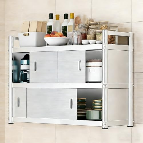 Köksspeglning Enkel Dubbel Lager Väggmonterad Rostfritt Stål Kökskåp Glidfönsterorganiserare Utan Bakpanel Monteras Direkt mot Väggen Köksspeglingshyllor(70x35x90cm(28x14x36in))