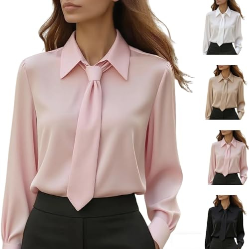 Camicia da donna con bottoni con cravatta elegante slim lavoro lavoro a maniche lunghe in raso camicetta – elegante casual ufficio cravatta top, rosa, S