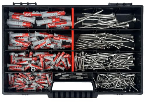 FRACKMANN Edelstahl V2A Schrauben Set - 280 Teile inkl. Fischer DuoPower Dübel im Sortimentskoffer mit 6 Torx Bits – Größen 5x25 bis 10x50 mm – Profi Befestigungsset für Heimwerker, Beton
