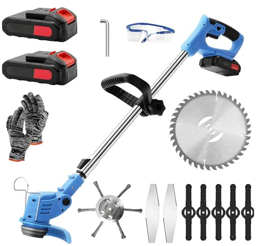 Cortacésped desbrozadora inalámbrica con doble batería de 48 V, cortasetos con 4 tipos de cuchillas, mango ajustable, apto para el corte de la hierba de jardines y patios