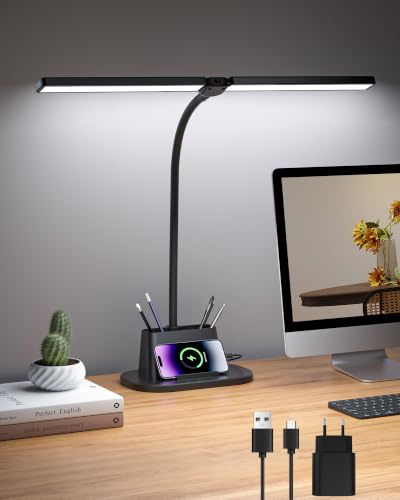 Ylatoial Flexo Escritorio de Doble Cabezal, 25 Modos Lampara Escritorio | Giratorio 360° Flexo Led Escritorio, Temporizador y Función de Memoria Lampara Escritorio LED, 47CM Negro