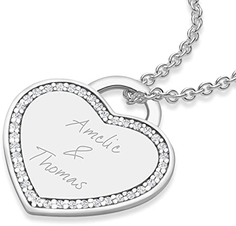 Kette mit Gravur Herz-Kette Silber 925 personalisierte Geschenke Freundin | Mama Schmuck Frauen persönliche Wunsch-Gravur Namensgravur gravierbar Namen Kinder Gravurplatte individuell
