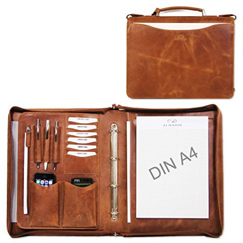 ALMADIH Leder A4 Konferenzmappe Aktenmappe mit Reißverschluss, Tragegriff + Ringmechanik aus Premium Rindsleder - A4 Ledermappe Mappe Dokumentenmappe Schreibmappe Organizer Tagungsmappe (Braun Deluxe)