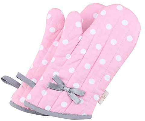 NEOVIVA Kitchen Oven Mitts for Kids, Heat Resistant Cotton Oven Gloves Set of 2 for Cooking Baking, Kitchen Gloves for Farmhouse Restaurant, Polka Dots Pink