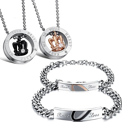 Kim Johanson Edelstahl Pärchen Schmuckset Armbänder & Ketten Love Kingdom für verliebte Roségold & Schwarz mit Cubic Zirkonia inkl. Schmuckbeutel