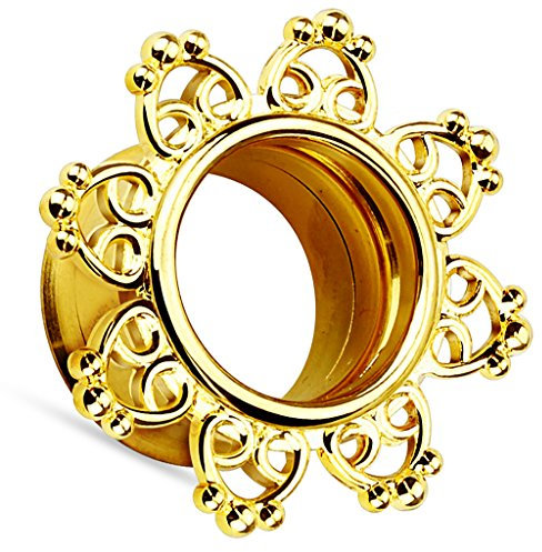 Piersando Flesh Tunnel Ohr Plug Piercing Ohrtunnel Ohrpiercing Schmuck Edelstahl Schraub Vintage Tribal Ethno Boho Hippie mit Herzen Mandala Sonne Motiv Gold IP 10mm