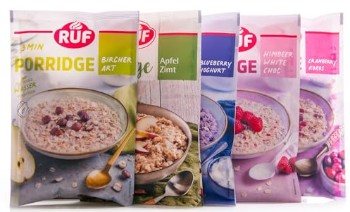 RUF Porridge: 2 x Himbeer-White Choc, 2 x Red Berry, 2 x Bircher Art, 2 x Apfel Zimt, 2 x Cranberry Kokos (10 x 65 g)