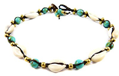 Fußkettchen mit Kauri Muscheln und Türkis Perlen - Thailand Makramee Fußband Tribal Surfer Stil