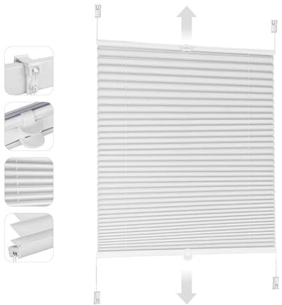 Sekey Plissee ohne Bohren Verdunkelung, Fenster Plissee Klemmfix Jalousie 80 cm breit, Verspannt Blickdicht Sonnenschutz Fensterollo, 80x130cm, Weiß