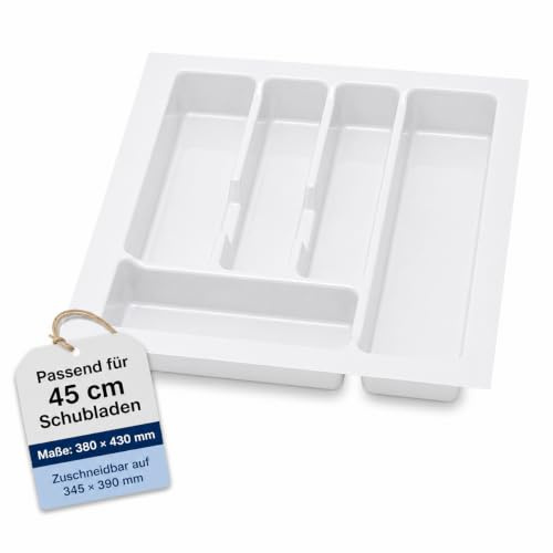 ALUSFERA Besteckkasten für Schubladen 45 cm – Schubladen Organizer mit Fächeraufteilung – Hochwertiger Schubladen Organizer Küche für Mehr Ordnung – Anpassbar und leicht zu reinigen - 380x430mm Weiß