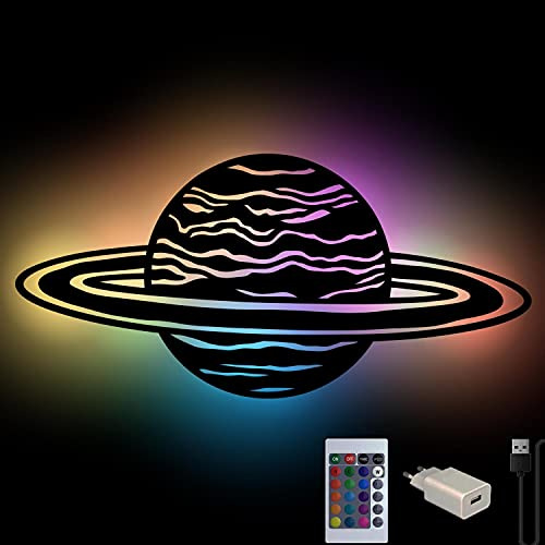 Namofactur Planeten-Wandlampe Weltall aus Holz mit RGB-Licht | RGB-Farbwechsel per USB mit Fernbedienung – Planetenmotiv als Wandlicht für Kinder-, Baby- oder Jugendzimmer