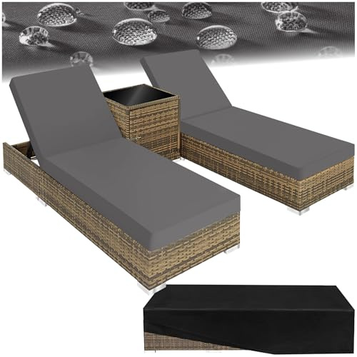 tectake® Set de 2x Chaise Longue Bain de Soleil avec Dossier réglable + Table de Jardin en Aluminium et Resine Tressee + 2 Set de Housses + Housse de Protection Piscine Balcon Jardin - Marron Naturel