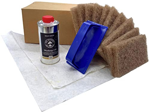 OLI-NATURA Worktop-Oil SET - Pflege-Set für Holzoberflächen - 250 ml Öl, 1 Handpadhalter mit 10 Pads, 2 Ölsaugtücher - LFGB-geprüft - Ideal für Küchenarbeitsplatten & Gastronomiemöbel