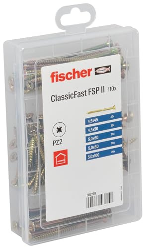 fischer ClassicFast Masterbox Assortment Box with Chipboard Screws for Interior Wood Building Materials Countersunk Head Partial Thread 5 Dimensions for Numerous Wood Building Materials
