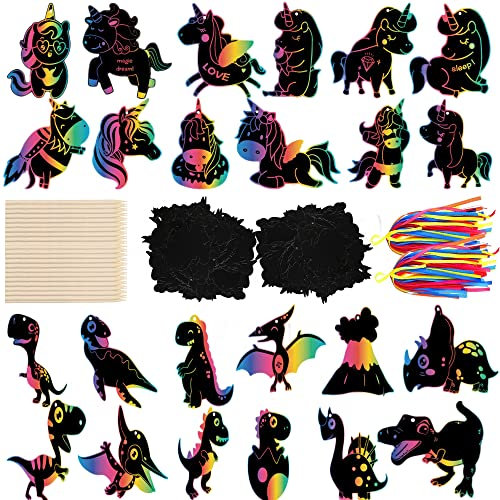 Steemjoey 24PCS Kratzbilder Set, Regenbogen Kratzpapier mit Holzstäbchen und Bunt Bänder für DIY Handwerk Anhänger Party Jungen Mädchen