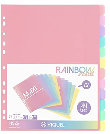 Viquel - 12 Stück Register Rainbow Pastell - Maxi Format (24,5 x 30,5 cm) - für A4 Maxi-Ordner oder Aktenordner - Pastellfarben