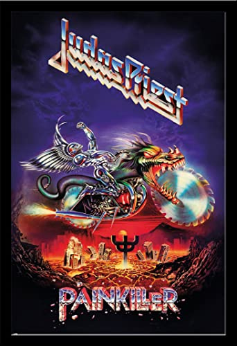 Judas Priest - Painkiller - Poster musical Heavy Metal Hard Rock - Taille 61 x 91,5 cm + cadre amovible Shinsuke® Maxi MDF noir, disque acrylique