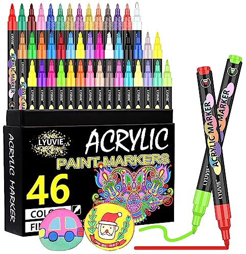 Lyuvie Acrylstifte für Steine Wasserfest,46 Farben Acrylmarker für Holz Rock Painting Glas Kiesel Stein Metall Keramik,Permanent Marker Acrylstifte Wasserfest 0,7mm Extra Feine Spitze