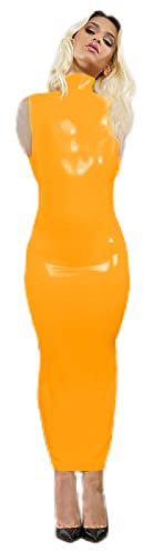 Summer Sleeveless PVC Leather Long Dress Lady Skinny Nightclub Dress with Gloves High Neck Back Zipper Bodycon Maxi Dress,Yellow,4XL